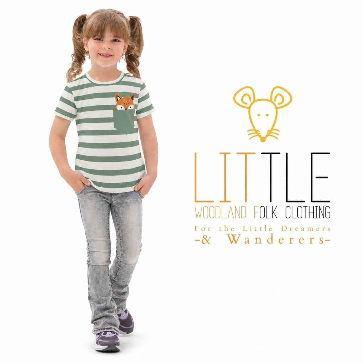 Little Woodland Fox - Kids Striped Cotton Crew Neck T-Shirt (Non-Embroidered)