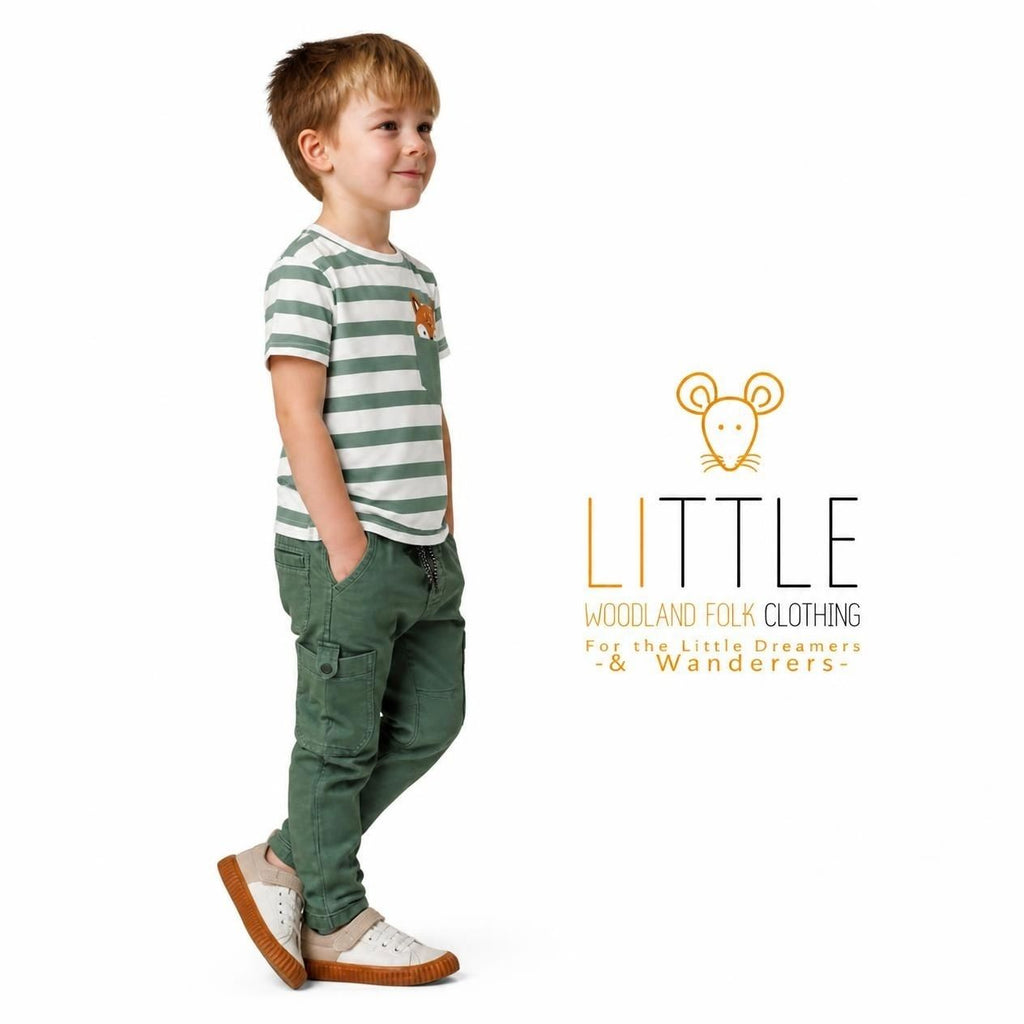 Little Woodland Fox - Kids Striped Cotton Crew Neck T-Shirt (Non-Embroidered)
