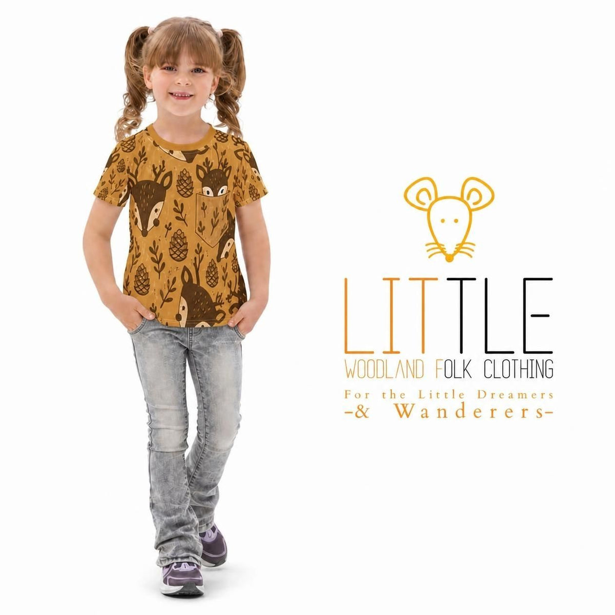 Little Woodland Fawn - Kids All-Over Cotton Crew Neck T-Shirt (Non-Embroidered)