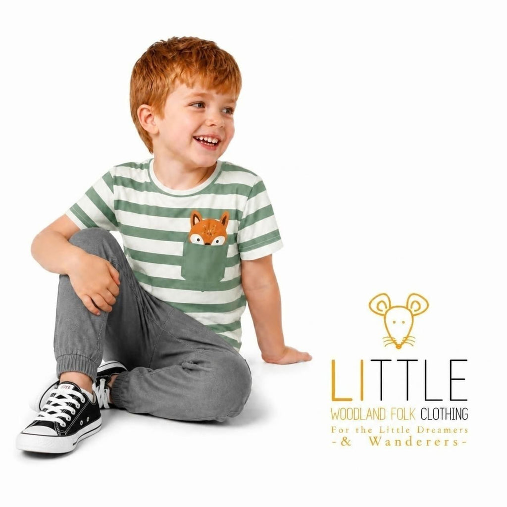 Little Woodland Fox - Kids Striped Cotton Crew Neck T-Shirt (Non-Embroidered)