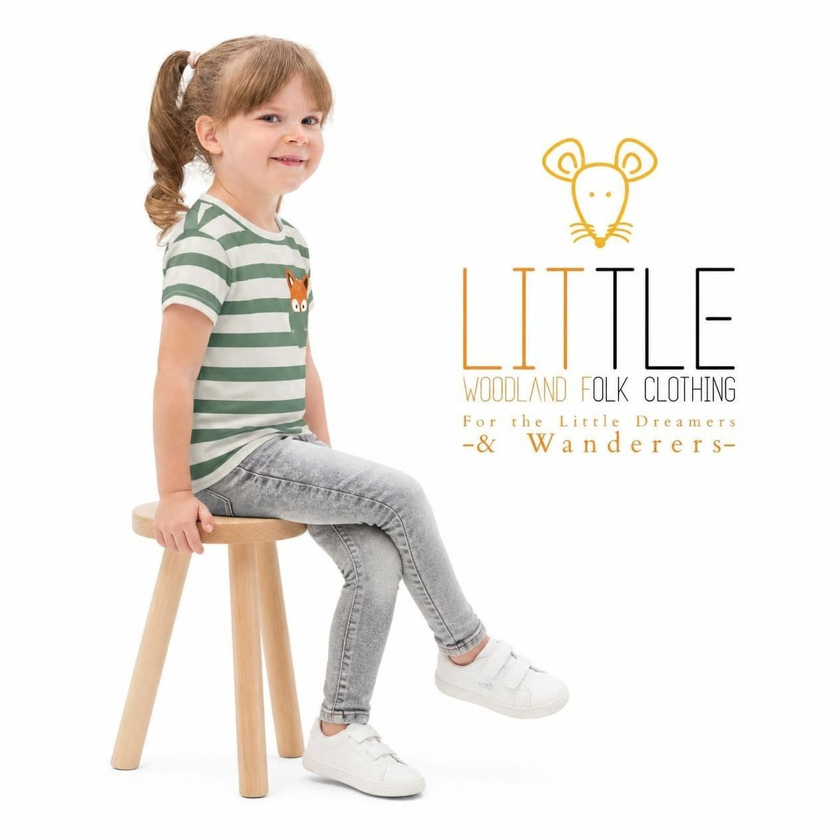 Little Woodland Fox - Kids Striped Cotton Crew Neck T-Shirt (Non-Embroidered)