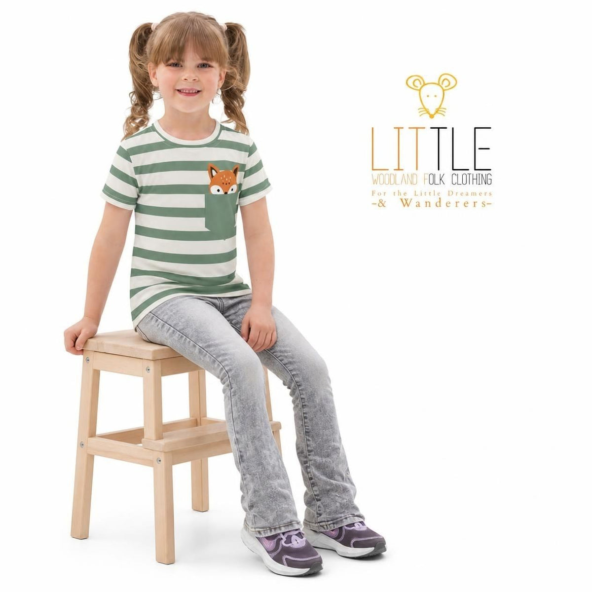 Little Woodland Fox - Kids Striped Cotton Crew Neck T-Shirt (Non-Embroidered)