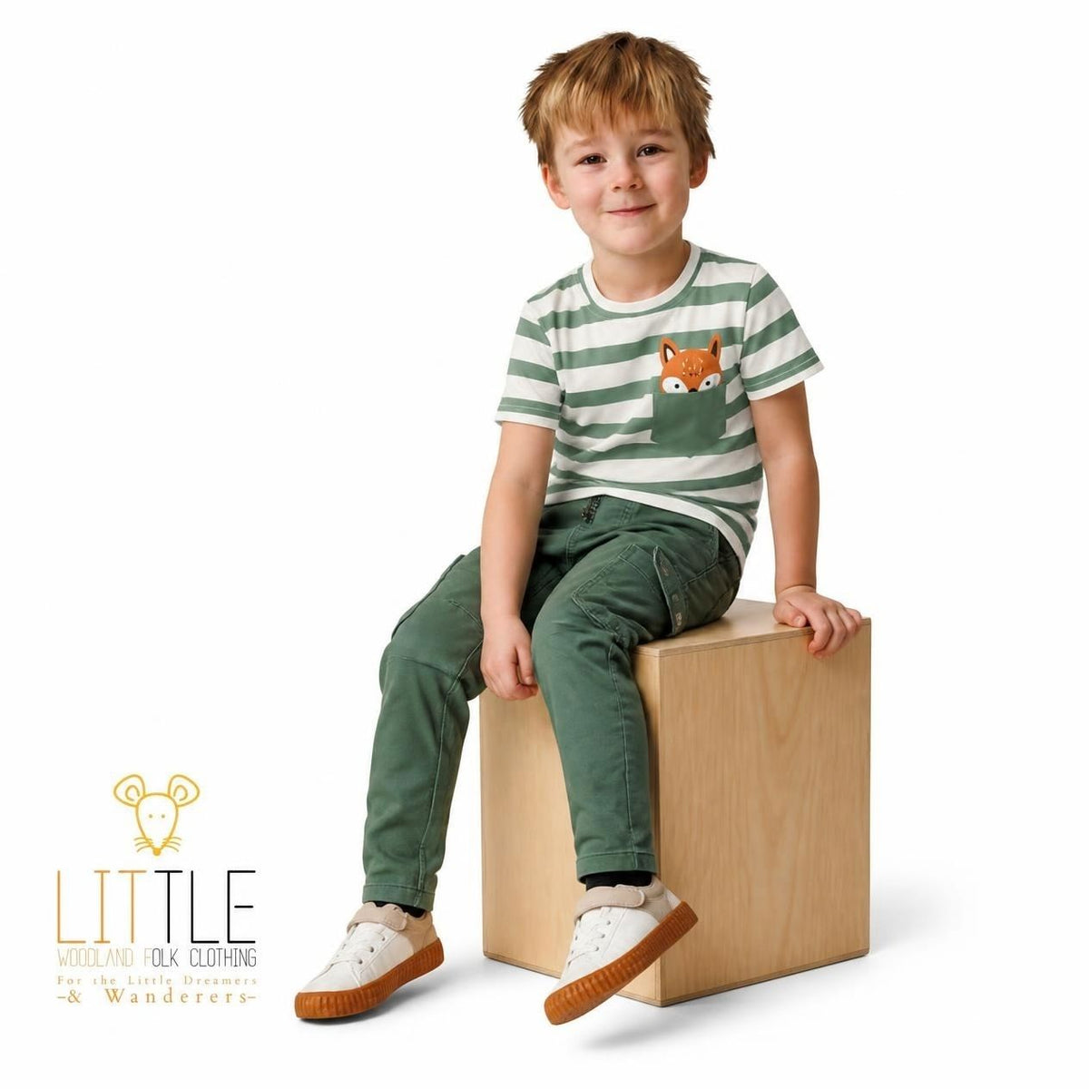 Little Woodland Fox - Kids Striped Cotton Crew Neck T-Shirt (Non-Embroidered)