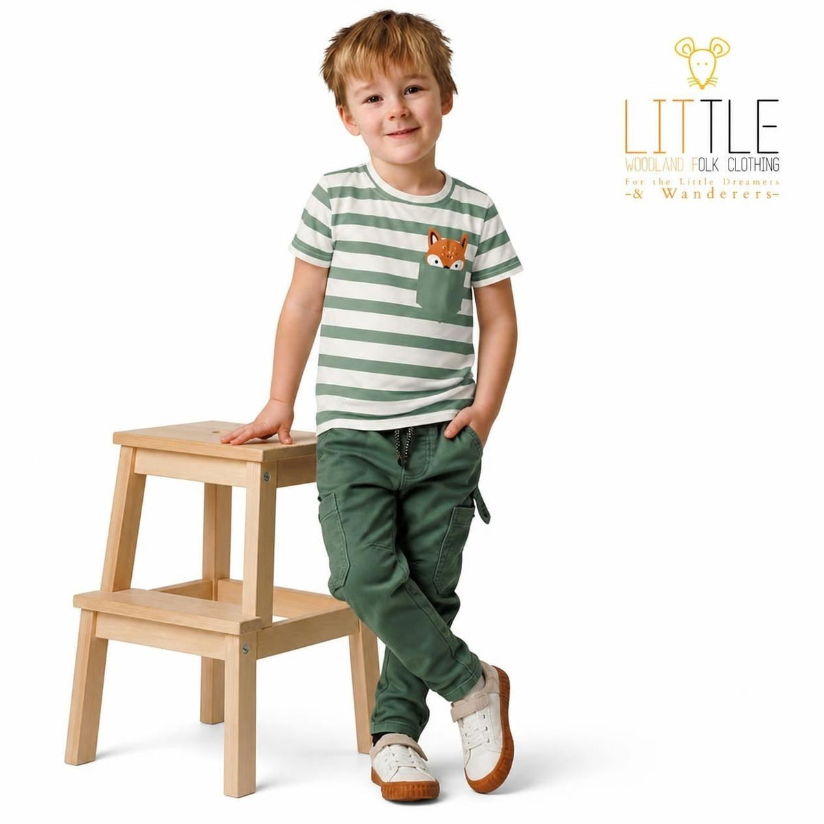 Little Woodland Fox - Kids Striped Cotton Crew Neck T-Shirt (Non-Embroidered)