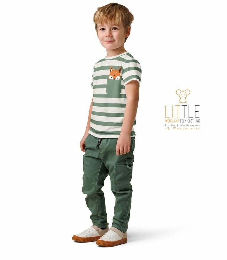 Little Woodland Fox - Kids Striped Cotton Crew Neck T-Shirt (Non-Embroidered)