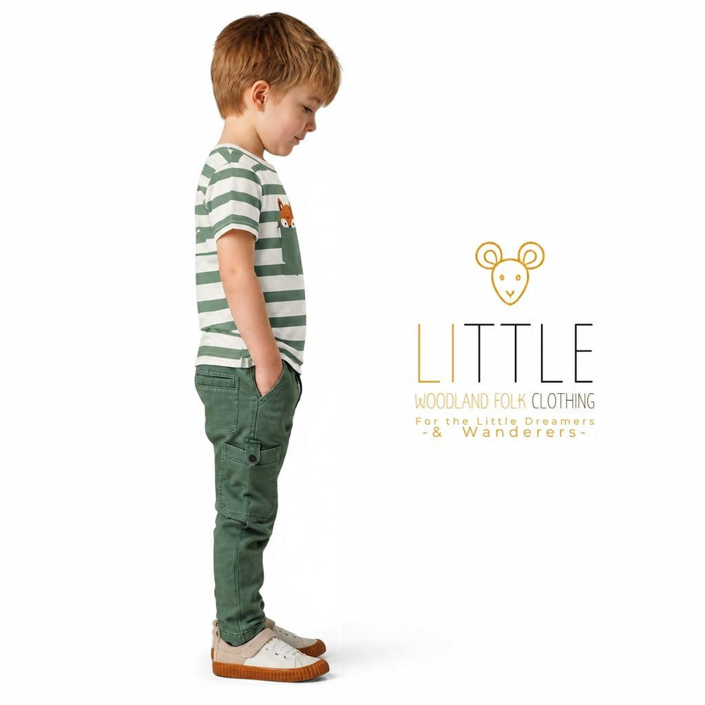 Little Woodland Fox - Kids Striped Cotton Crew Neck T-Shirt (Non-Embroidered)