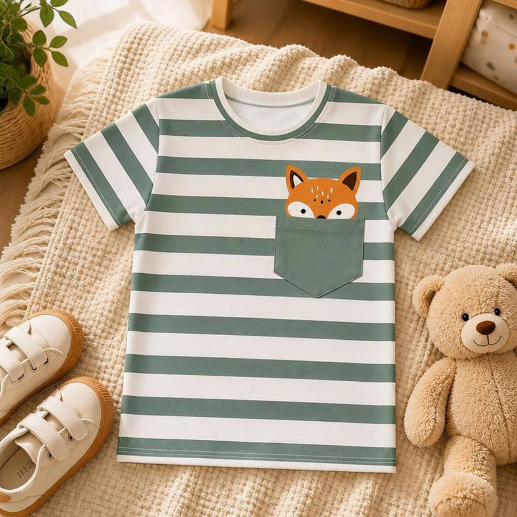 Little Woodland Fox - Kids Striped Cotton Crew Neck T-Shirt (Non-Embroidered)