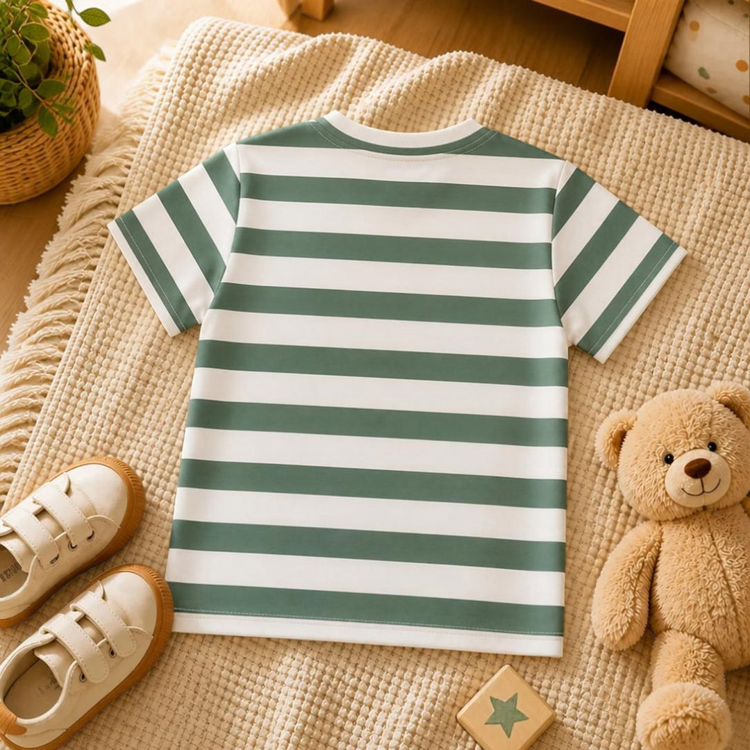 Little Woodland Fox - Kids Striped Cotton Crew Neck T-Shirt (Non-Embroidered)