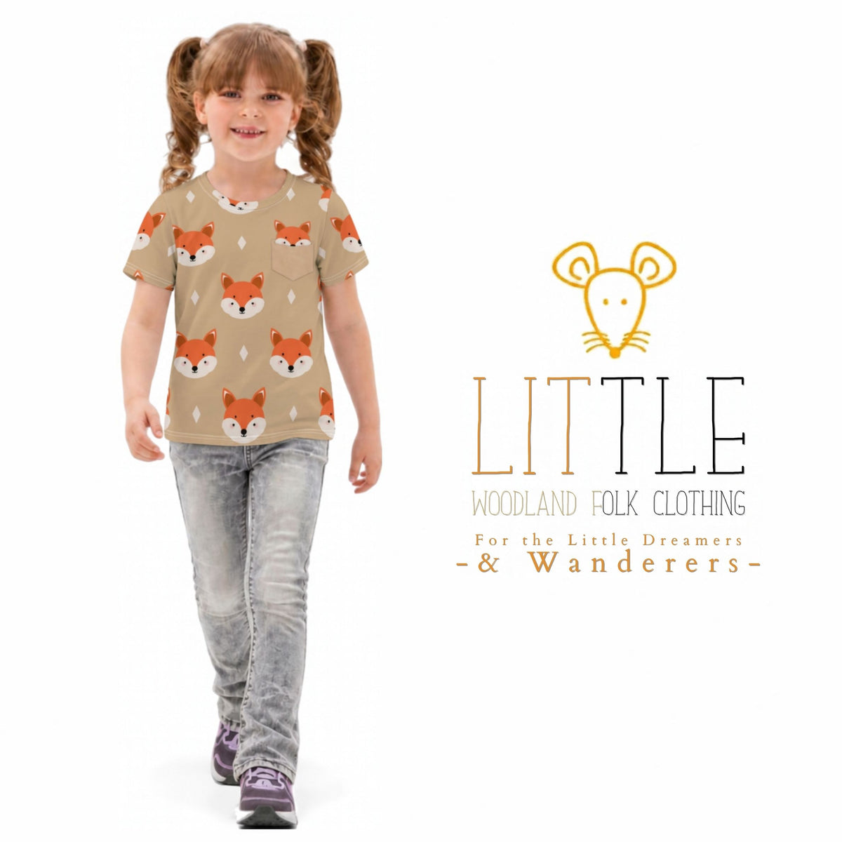 Little Woodland Fox - Kids Cotton Crew Neck T-Shirt (Non-Embroidered)