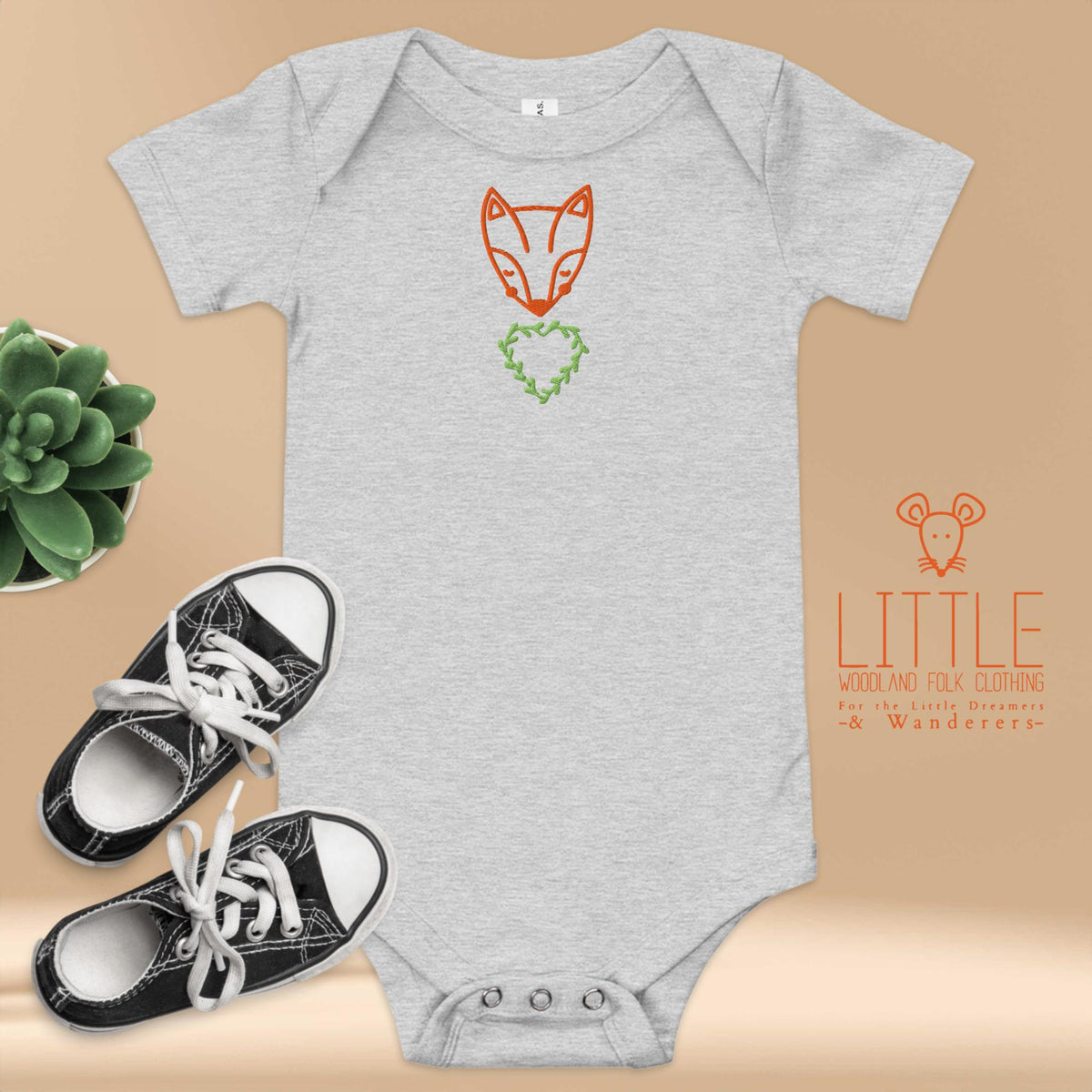 Little Woodland Fox - Embroidered Cotton Baby Bodysuit