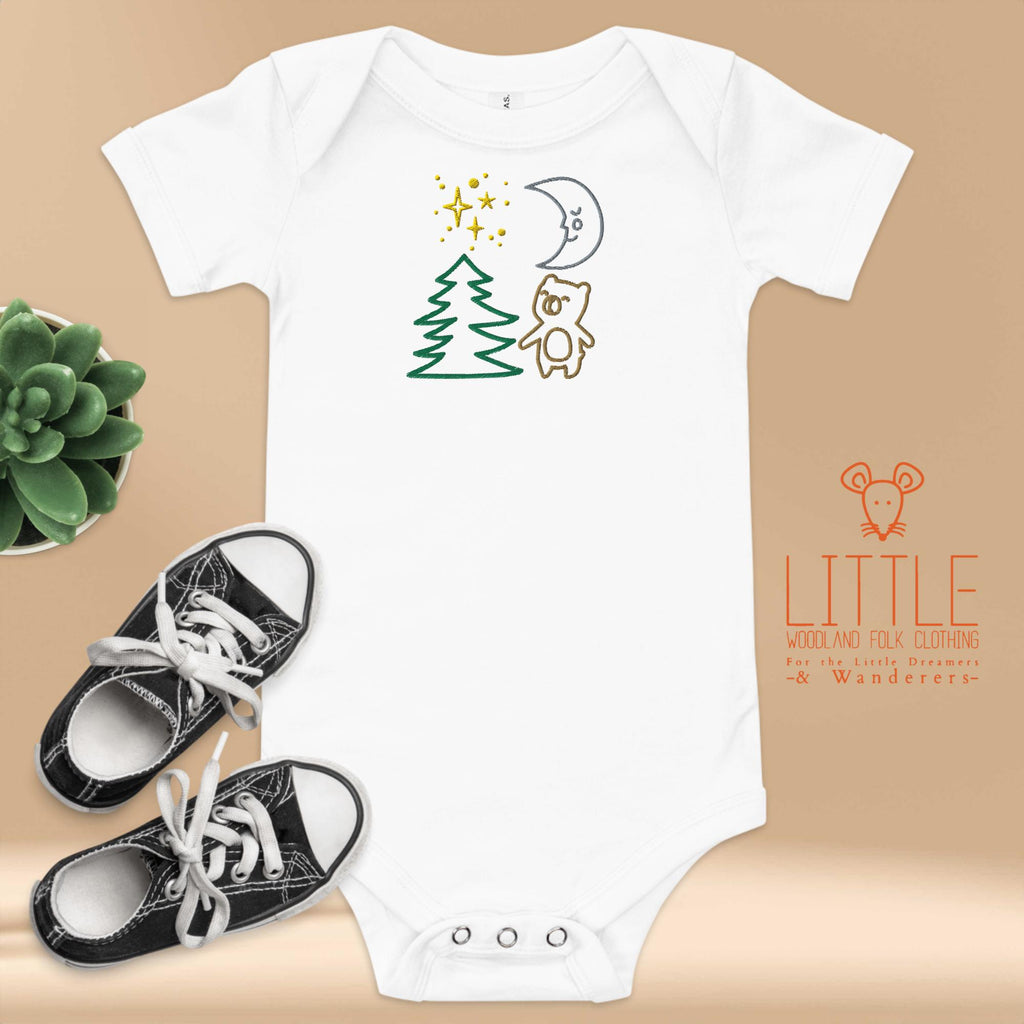 Little Woodland Bear Night Time Forest - Embroidered Cotton Baby Bodysuit